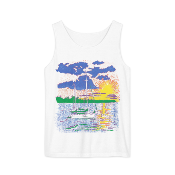 Ketch Sailboat at Sunset - Unisex garment-dyed tank top